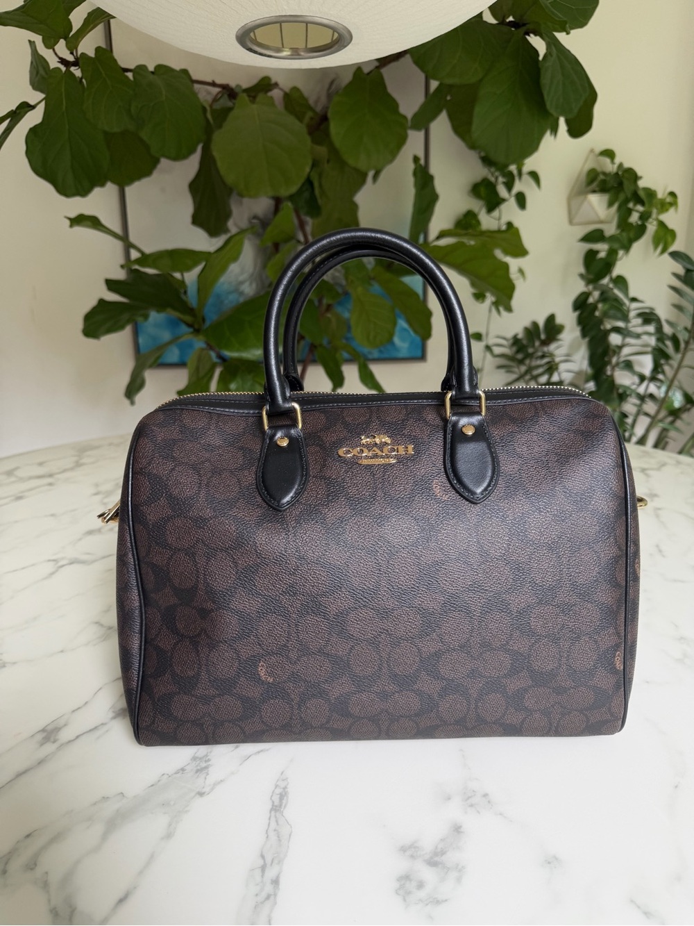 Coach Rowan Large Satchel Crossbody Bag Signature Canvas Walnut Black CEY74